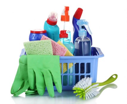 Reusable cleaning supplies prepared for charity donation and reuse
